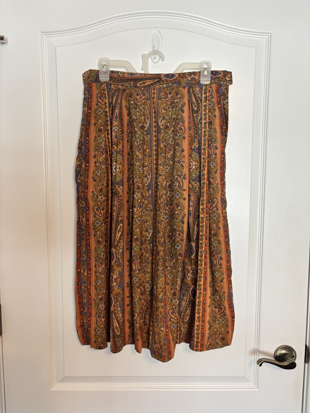 Vintage Koret Paisley Pleated Midi Skirt Rayon Button Closure Brown Orange
